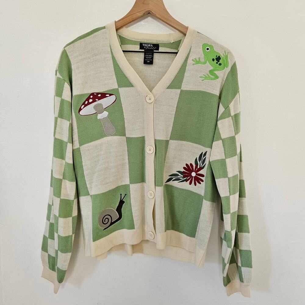 Hot Topic Thorn & Fable Cottagecore Embroidered Check Cardigan S Green Ivory